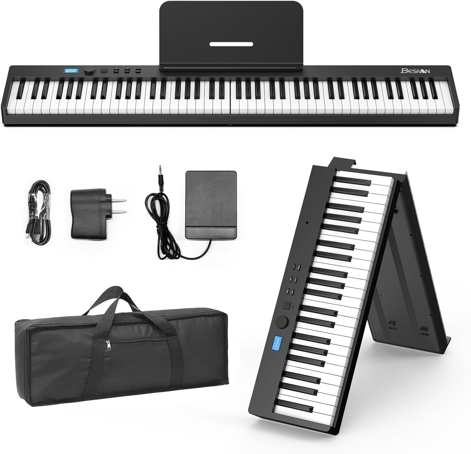 BESFAN 88 Key Folding Piano Keyboard, Portable Semi-Weighted Digital Piano with MIDI Support, Built-in Speakers, Rechargeable Battery, Travel Piano for Beginners